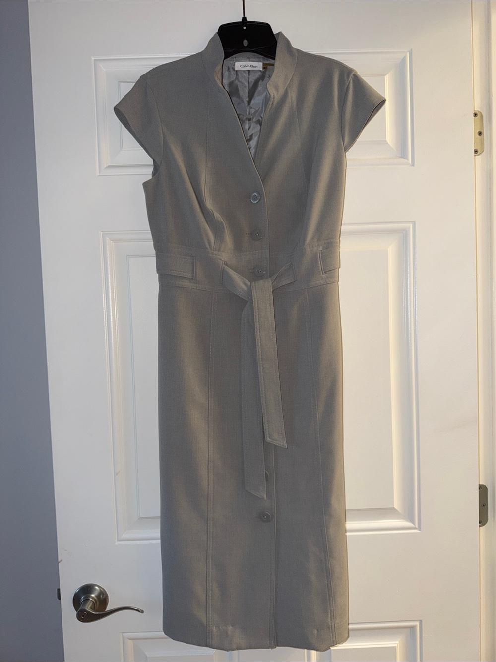 Calvin Klein Light Gray Cap-Sleeve Belted Midi Dress
